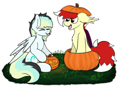 Size: 2888x2122 | Tagged: safe, artist:aaathebap, derpibooru import, oc, oc:aaaaaaaaaaa, oc:swifty breeze, bat pony, pegasus, duo, grass, halloween, holiday, jack-o-lantern, pumpkin, silly, simple background, sticking tongue out, transparent background