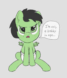 Size: 975x1124 | Tagged: safe, artist:cleverround, derpibooru import, oc, oc only, oc:anon filly, pegasus, angry, baby, cute, dialogue, diaper, ear fluff, ears, female, filly, freckles, frown, gray background, looking at you, open mouth, simple background, sitting, sketch, small wings, spread wings, wings
