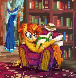 Size: 2250x2301 | Tagged: safe, artist:docwario, derpibooru import, sunburst, sunstone (g4 r63 sunburst), pony, unicorn, chair, female, mare, pointillism, reading, rule 63, solo