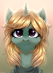 Size: 2900x4000 | Tagged: safe, artist:hakaina, derpibooru import, oc, oc only, oc:easy peasy, unicorn, fallout equestria, bust, commission, female, foe adventures, portrait, simple background, synth, ych result