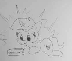 Size: 1367x1152 | Tagged: safe, artist:tjpones, derpibooru import, lyra heartstrings, pony, unicorn, cute, female, grayscale, isotope, l.u.l.s., looking at something, lying down, lyrabetes, mare, monochrome, periodic table, prone, sketch, solo, strontium, this will end in radiation poisoning, traditional art