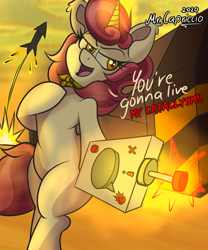 Size: 3000x3600 | Tagged: safe, artist:mrcapriccio, derpibooru import, oc, oc:dolce spiaro, pony, unicorn, action pose, controller, danger, dialogue, explosion, female, high res, looking at you, rocket, sexy, solo, spy, talking to viewer