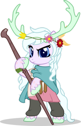 Size: 1280x2000 | Tagged: safe, artist:mlp-trailgrazer, derpibooru import, earth pony, pony, antlers, bipedal, clothes, female, mare, simple background, solo, staff, transparent background