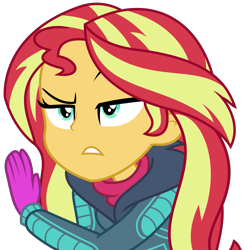 Size: 2713x2775 | Tagged: safe, artist:sketchmcreations, derpibooru import, sunset shimmer, better together, equestria girls, holidays unwrapped, clothes, coat, female, frown, gloves, raised eyebrow, simple background, transparent background, unamused, vector, winter outfit