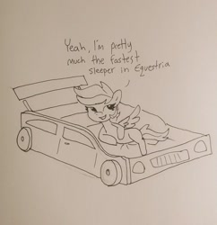 Size: 1440x1486 | Tagged: safe, artist:tjpones, derpibooru import, rainbow dash, pegasus, pony, bed, car, female, grayscale, mare, missing cutie mark, monochrome, pencil drawing, race car bed, racecar, sketch, solo, traditional art