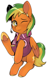 Size: 3608x5901 | Tagged: safe, artist:sugarelement, derpibooru import, oc, oc only, oc:naviga, pegasus, pony, 911, clothes, dispatcher, female, mare, microphone, one eye closed, simple background, solo, transparent background, uniform, waving, waving at you