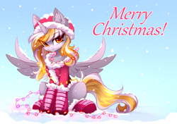 Size: 2480x1748 | Tagged: safe, artist:airiniblock, derpibooru import, oc, oc only, alicorn, pony, alicorn oc, christmas, christmas lights, cute, holiday, horn, looking at you, not derpy, sitting, snow, wings