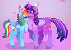 Size: 3042x2160 | Tagged: safe, artist:aaa-its-spook, derpibooru import, rainbow dash, twilight sparkle, twilight sparkle (alicorn), alicorn, pegasus, pony, daring don't, blushing, chest fluff, cute, female, folded wings, hat, heart, holding hooves, lesbian, mare, party hat, shipping, signature, size difference, smiling, twidash, wing fluff, wings