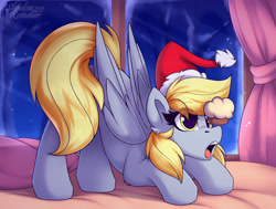 Size: 1850x1400 | Tagged: safe, artist:shadowreindeer, derpibooru import, derpy hooves, pegasus, pony, bed, christmas, cute, derpabetes, eye clipping through hair, face down ass up, female, hat, holiday, indoors, mare, on bed, open mouth, ponies balancing stuff on their nose, santa hat, snow, solo, window