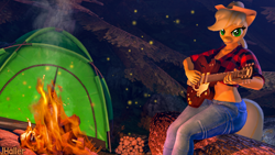 Size: 3840x2160 | Tagged: safe, artist:jhaller, derpibooru import, applejack, anthro, firefly (insect), insect, 3d, camp, campfire, camping, clothes, female, flannel shirt, front knot midriff, guitar, hat, jeans, log, logs, looking at you, midriff, musical instrument, pants, sitting, smiling at you, solo, solo female, source filmmaker, tent, tree