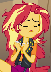 Size: 770x1080 | Tagged: safe, derpibooru import, screencap, sunset shimmer, better together, equestria girls, rollercoaster of friendship, cropped, eyes closed, female, geode of empathy, magical geodes, messy hair, solo