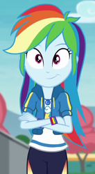 Size: 510x930 | Tagged: safe, derpibooru import, screencap, rainbow dash, better together, equestria girls, rollercoaster of friendship, cropped, crossed arms, cute, dashabetes, female, geode of super speed, magical geodes, smiling, solo