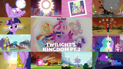 Size: 1986x1117 | Tagged: safe, derpibooru import, edit, edited screencap, editor:quoterific, screencap, applejack, discord, fluttershy, lord tirek, pinkie pie, princess cadance, princess celestia, princess luna, rainbow dash, rarity, spike, twilight sparkle, twilight sparkle (alicorn), alicorn, dragon, earth pony, pegasus, pony, unicorn, twilight's kingdom, golden oaks library, mane six, rainbow power, rainbow power-ified, scorpan's necklace, twilight's castle