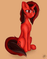 Size: 2184x2728 | Tagged: safe, artist:flapstune, derpibooru import, oc, oc:flaps tune, pony, unicorn, cutie mark, female, fluffy, horn, looking at you, mare, orange background, signature, simple background, sitting, smiling, solo