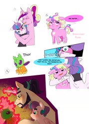 Size: 1024x1428 | Tagged: safe, artist:aztrial, derpibooru import, princess cadance, princess flurry heart, shining armor, oc, oc:bitterroot rose, alicorn, earth pony, pony, unicorn, beard, blushing, brother and sister, facial hair, female, glasses, hug, implied thorax, male, messy mane, offspring, older, older flurry heart, older princess cadance, older shining armor, parent:princess cadance, parent:shining armor, parents:shiningcadance, ponytail, siblings, tsundere