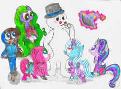 Size: 1024x749 | Tagged: safe, artist:mlpadventures, derpibooru import, mane-iac, starlight glimmer, trixie, human, pony, unicorn, clothes, frosty the snowman, group, hat, snowman, trixie's hat