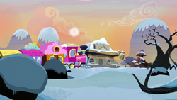 Size: 1280x720 | Tagged: safe, derpibooru import, screencap, hearthbreakers, background, friendship express, no pony, scenic ponyville, snow, train station, winter