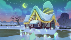 Size: 1280x720 | Tagged: safe, derpibooru import, screencap, hearthbreakers, background, christmas, christmas lights, crescent moon, hearth's warming, holiday, moon, night, no pony, rock farm, scenic ponyville, snow, winter