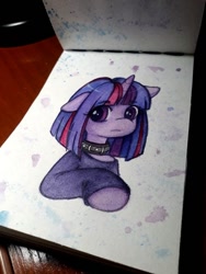 Size: 600x800 | Tagged: safe, artist:drawsyraccoon, derpibooru import, twilight sparkle, pony, clothes, collar, solo, traditional art