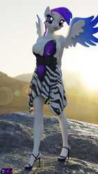 Size: 2160x3840 | Tagged: safe, artist:shadowboltsfm, derpibooru import, oc, oc:inkwell stylus, anthro, plantigrade anthro, 3d, 4k, alicorn wings, blender, breasts, clothes, cute, dress, eyelashes, feet, hands behind back, high heels, lens flare, lipstick, looking at you, nail polish, not sfm, open-toed shoes, shoes, smiling, solo, toes, wings