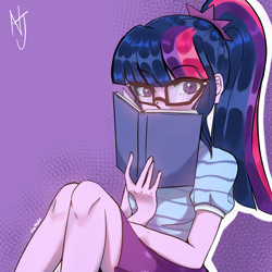 Size: 2000x2000 | Tagged: safe, artist:niorsaj, derpibooru import, sci-twi, twilight sparkle, better together, equestria girls, book, glasses, high res, knees, looking at you, purple background, simple background, sitting, solo