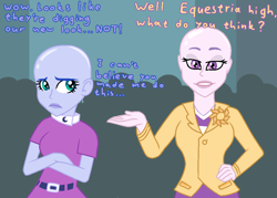 Size: 1020x732 | Tagged: safe, artist:jpgr, derpibooru import, princess celestia, princess luna, principal celestia, vice principal luna, equestria girls, bald, clothes, crossed arms, dialogue, duo, eyelashes, female, frown, hand on hip, makeup, shaved, siblings, sisters, smiling