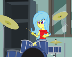 Size: 2762x2171 | Tagged: safe, artist:riariirii2, derpibooru import, oc, oc only, equestria girls, bust, clothes, drums, female, musical instrument, smiling, solo