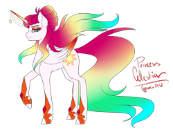 Size: 1600x1200 | Tagged: safe, artist:minelvi, derpibooru import, princess celestia, alicorn, pony, alternate hairstyle, female, hair bun, horn, horn jewelry, jewelry, mare, raised hoof, redesign, signature, simple background, smiling, solo, transparent background