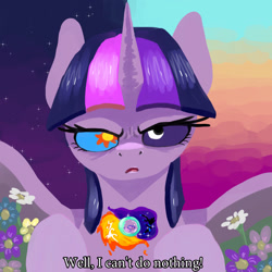 Size: 1500x1500 | Tagged: safe, artist:slamjam, derpibooru import, daybreaker, nightmare moon, starlight glimmer, twilight sparkle, alicorn, pony, unicorn, a royal problem, dialogue, female, flower, frown, horn, mare, moon, night, sun, text, wings