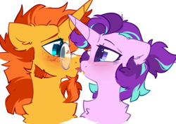 Size: 513x361 | Tagged: safe, artist:mirtash, derpibooru import, starlight glimmer, sunburst, pony, unicorn, blushing, bust, chest fluff, cute, ears, eye contact, female, floppy ears, freckles, glasses, glimmerbetes, looking at each other, male, mare, shipping, simple background, stallion, starburst, straight, sunbetes, tongue out, white background