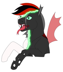 Size: 1732x2000 | Tagged: safe, artist:imreer, derpibooru import, oc, oc only, changeling, bust, changeling oc, commission, fangs, forked tongue, open mouth, shapeshifting, simple background, solo, tongue out, transformation, white background, ych result