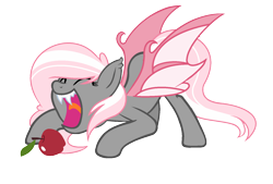 Size: 1608x1088 | Tagged: safe, artist:riariirii2, derpibooru import, oc, oc only, bat pony, pony, apple, base used, bat pony oc, bat wings, eyes closed, face down ass up, fangs, food, open mouth, simple background, solo, transparent background, wings