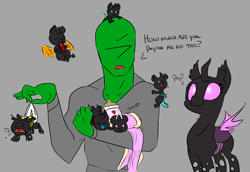 Size: 4012x2768 | Tagged: safe, artist:2hrnap, oc, oc only, oc:anon, oc:costa, changeling, human, nymph, :3, baby bottle, baby changeling, burp, changeling oc, clothes, crying, dialogue, diaper, featured image, female, flying, foalsitter, gray background, green changeling, high res, human oc, male, open mouth, orange changeling, pacifier, pink changeling, purple changeling, red changeling, simple background, sleeping, teal changeling, yellow changeling