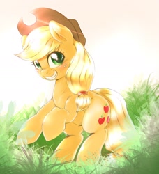 Size: 1622x1775 | Tagged: safe, artist:kurogewapony, derpibooru import, applejack, earth pony, pony, crepuscular rays, cute, female, grass, jackabetes, looking at you, mare, smiling, solo