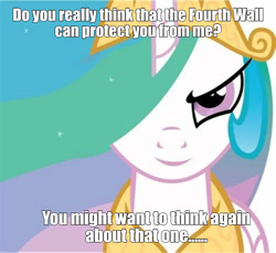 Size: 1126x1033 | Tagged: safe, derpibooru import, princess celestia, alicorn, pony, breaking the fourth wall, caption, evil smirk, fourth wall, inverted mouth, looking at you, meme, smiling, smirk, text, the fourth wall cannot save you