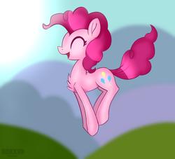 Size: 2200x2000 | Tagged: safe, artist:n0kkun, derpibooru import, pinkie pie, earth pony, pony, chest fluff, eyes closed, female, high res, mare, open mouth, profile, pronking, solo