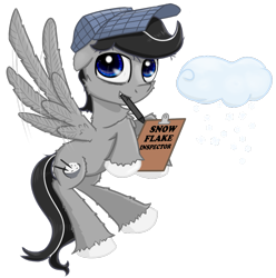 Size: 1833x1850 | Tagged: safe, artist:chopsticks, derpibooru exclusive, derpibooru import, oc, oc only, oc:chopsticks, pegasus, 2021 community collab, cheek fluff, chest fluff, clipboard, cloud, derpibooru community collaboration, flying, hat, looking at you, male, mouth hold, pen, simple background, snow, snowfall, solo, stallion, transparent background, unshorn fetlocks