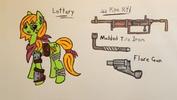 Size: 3052x1717 | Tagged: safe, artist:dice-warwick, derpibooru import, oc, oc:lottery, earth pony, pony, fallout equestria, armored leg, clothes, ear piercing, flare gun, freckles, piercing, pipe rifle, scarf, solo, tire iron