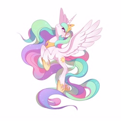 Size: 3000x3000 | Tagged: safe, alternate version, artist:drtuo4, derpibooru import, princess celestia, alicorn, pony, crown, female, flying, high res, hoof shoes, jewelry, looking up, mare, regalia, simple background, solo, spread wings, white background, wings