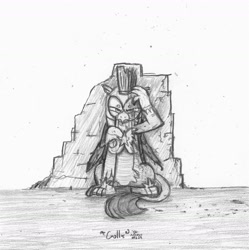 Size: 1600x1605 | Tagged: safe, artist:johnerose126, derpibooru import, gallus, griffon, the last problem, armor, monochrome, royal guard, royal guard gallus, sketch, solo, traditional art