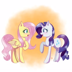 Size: 3098x3098 | Tagged: safe, artist:galaxy swirl, derpibooru import, fluttershy, rarity, pegasus, pony, unicorn, abstract background, blushing, eye contact, female, flarity, hoof on chest, lesbian, looking at each other, mare, open mouth, profile, raised hoof, shipping, smiling, standing, surprised, wings
