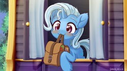 Size: 2840x1600 | Tagged: safe, artist:symbianl, derpibooru import, trixie, pony, unicorn, to saddlebags and back again, to where and back again, :3, bag, blushing, cute, diatrixes, female, mare, mouth hold, saddle bag, scene interpretation, solo, trixie's wagon, weapons-grade cute