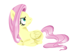 Size: 663x481 | Tagged: safe, artist:kyle23emma, derpibooru import, fluttershy, pegasus, pony, angry, annoyed, female, fluttershy is not amused, folded wings, frown, looking up, lying down, mare, part of a full image, ponyloaf, profile, prone, simple background, solo, unamused, white background, wings