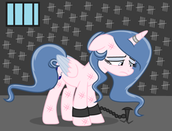 Size: 2804x2138 | Tagged: safe, artist:lominicinfinity, derpibooru import, oc, oc:sparkdust knight, alicorn, pony, abuse, alicorn oc, bruised, cuffs, female, horn, horn ring, magic suppression, mare, prison, ring, sad, solo, tally marks, tether, two toned wings, wings