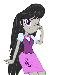 Size: 1024x1236 | Tagged: safe, artist:octascratchrock, derpibooru import, octavia melody, human, equestria girls, belt, bowtie, buttons, clothes, cute, dress shirt, humanized, looking at you, one eye closed, pretty, pretty cute, sexy, simple background, skirt, solo, transparent background, vest, wink, winking at you