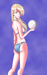 Size: 750x1200 | Tagged: safe, artist:kyle23emma, derpibooru import, sunshower raindrops, human, bikini, blonde, blonde hair, butt, clothes, confident, ear piercing, earring, highlights, holding, humanized, jewelry, looking at you, looking back, looking back at you, looking over shoulder, piercing, purple background, sexy, simple background, smiling, smirk, smug, solo, sports, swimsuit, volleyball