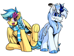 Size: 2842x2160 | Tagged: safe, artist:movieskywalker, derpibooru exclusive, derpibooru import, oc, oc only, oc:code quill, oc:jeppesen, kirin, pegasus, pony, 2021 community collab, braid, clothes, cloven hooves, derpibooru community collaboration, duo, feather, female, flower, flower in hair, frog (hoof), group photo, kirin oc, looking at you, male, multicolored hair, open mouth, pegasus oc, quill, scarf, simple background, smiling, transparent background, underhoof, wings, yellow skin