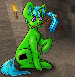 Size: 2947x3000 | Tagged: safe, artist:squirrelly, derpibooru import, oc, oc:green byte, pony, unicorn, diamond pickaxe, male, minecraft, mouth hold, pickaxe, raised hoof, sitting, solo, stallion