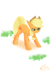 Size: 2600x3700 | Tagged: safe, artist:graphictoxin, derpibooru import, applejack, earth pony, pony, canon, clothes, female, fluffy, grass, hat, high res, lineless, mare, simple background, smiling, solo, white background