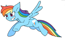 Size: 1043x650 | Tagged: safe, artist:cmara, derpibooru import, rainbow dash, pegasus, pony, female, flying, grin, mare, raised hoof, simple background, smiling, solo, white background